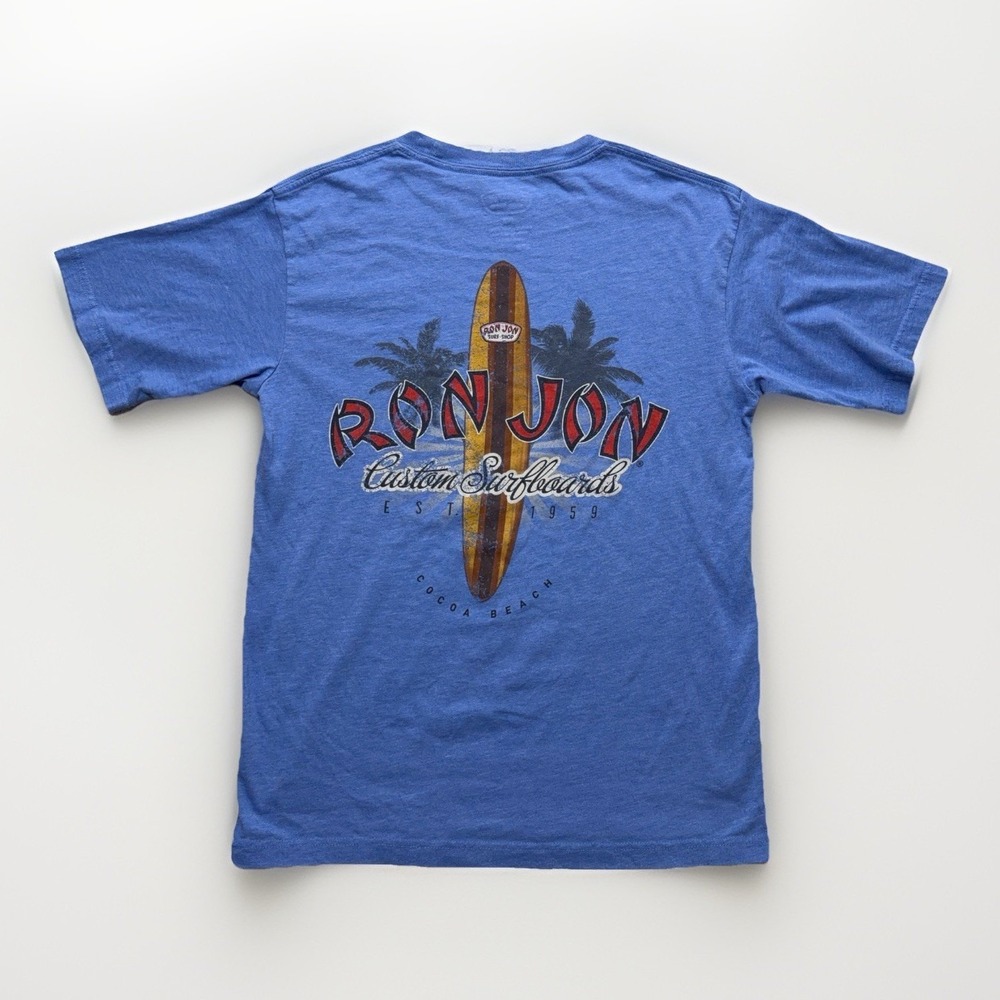 Ron Jon Surf Shop Shirt M Blue Cocoa Beach Surfboard Graphic Heathered Skate Tee